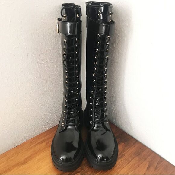 GIANNI BINI Skyscraper Lace Up Lug Sole Platform Tall Boot Patent Leather Size 7 - Picture 5 of 12